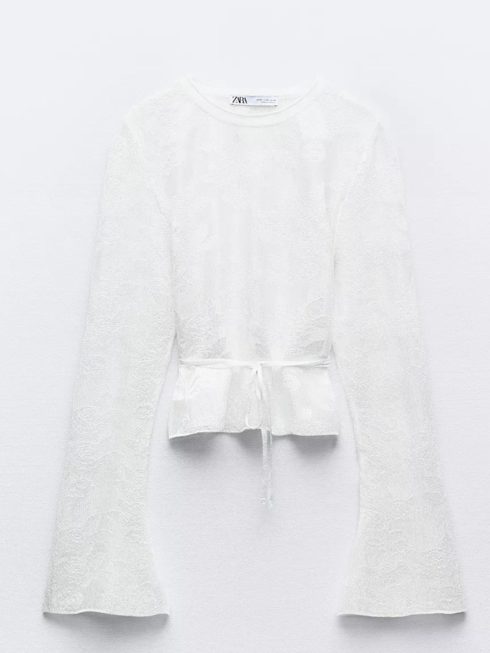 Zara White Lace Tie-Waist Peplum Long-Sleeve Top